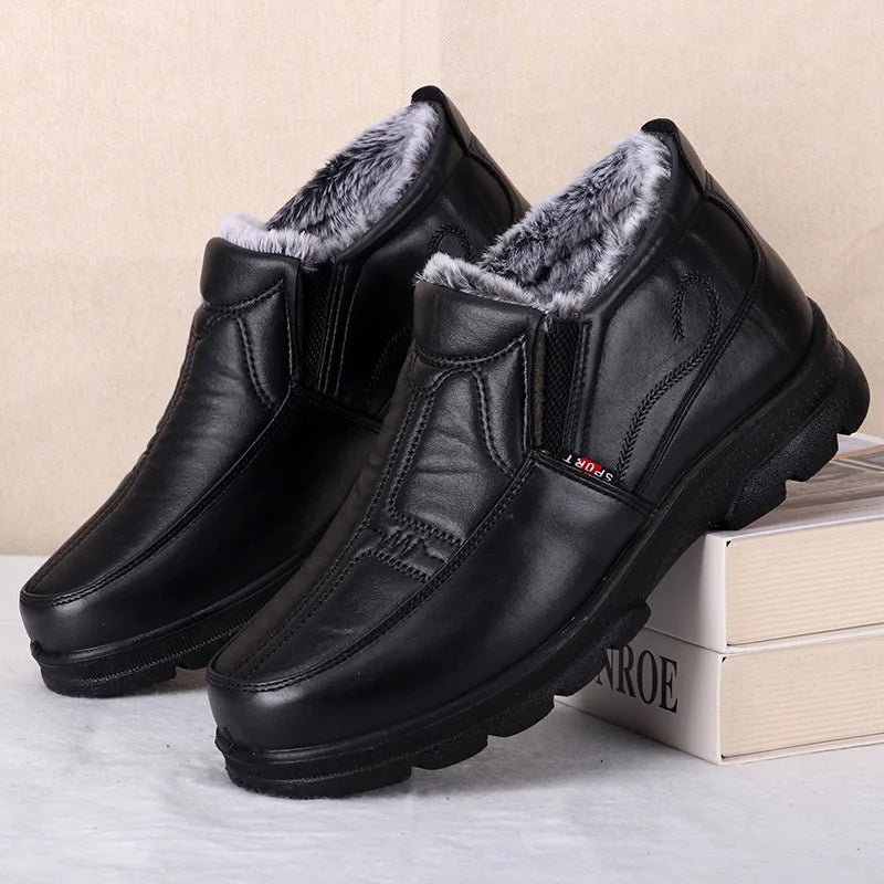 Mens Winter Fashion Shoes, Non-slip Cotton Shoes, Thickened Leather Waterproof Casual Snow Boots for Men