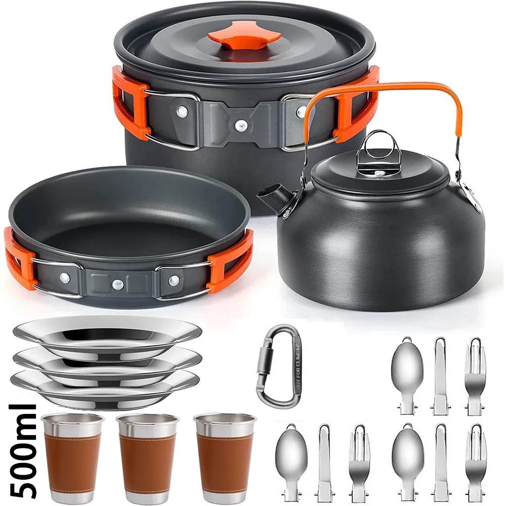 Camping Cookware Set Outdoor Cooking Pots Pans Teapot Travel Tableware for 2 to 3 People
