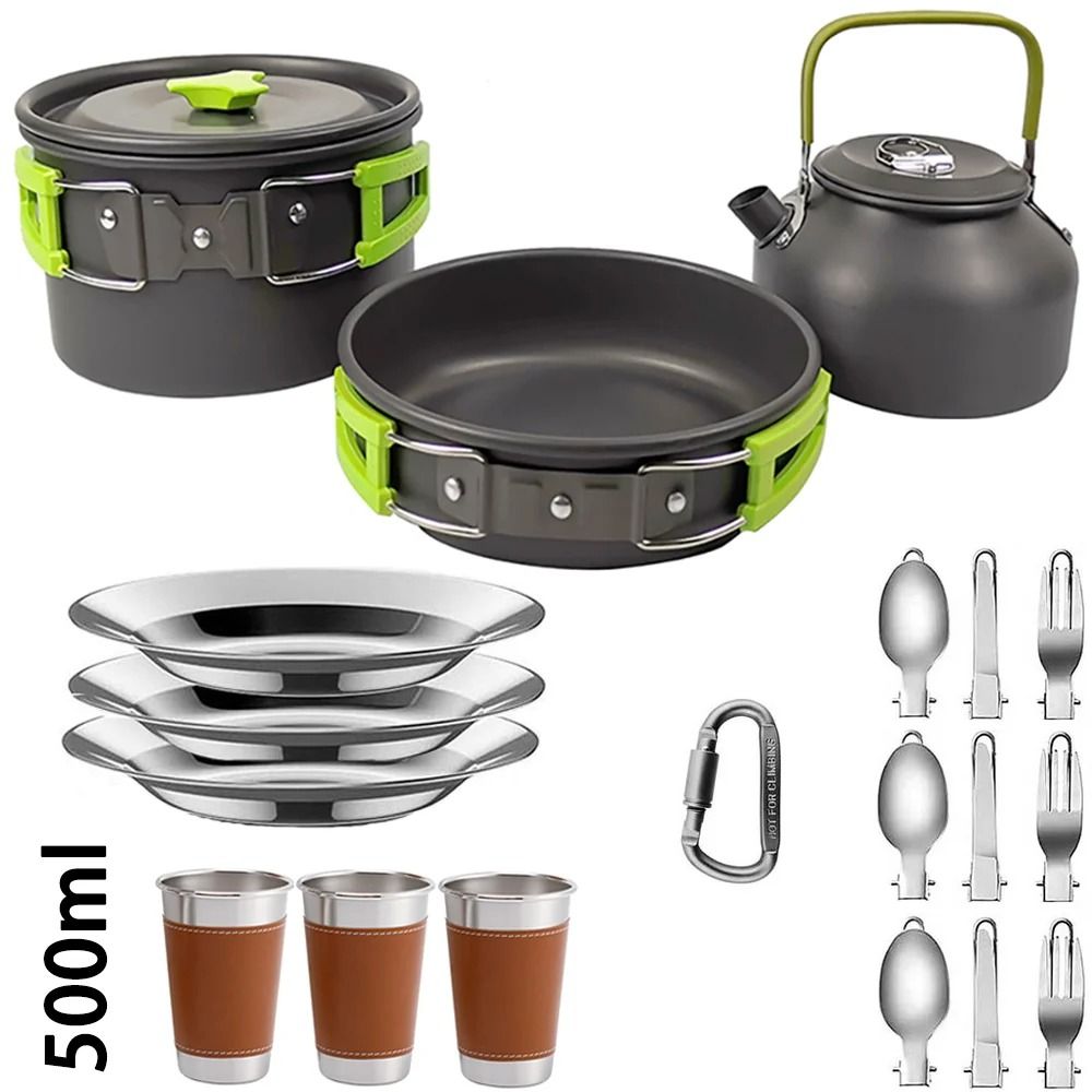 Camping Cookware Set Outdoor Cooking Pots Pans Teapot Travel Tableware For 2 To 3 People 12