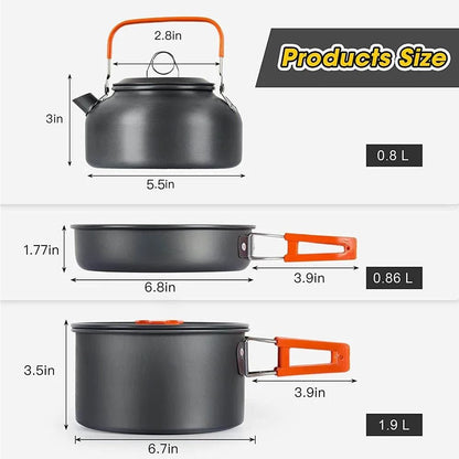 Camping Cookware Set Outdoor Cooking Pots Pans Teapot Travel Tableware For 2 To 3 People 3