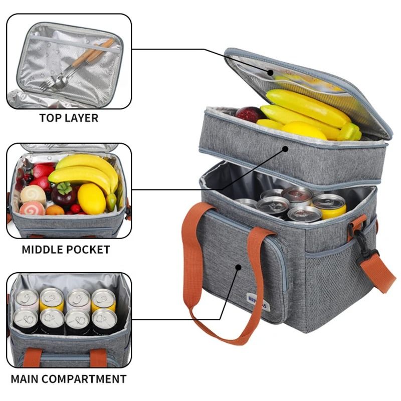 Double Layer Lunch Bag Large Capacity Insulated Cooler Tote