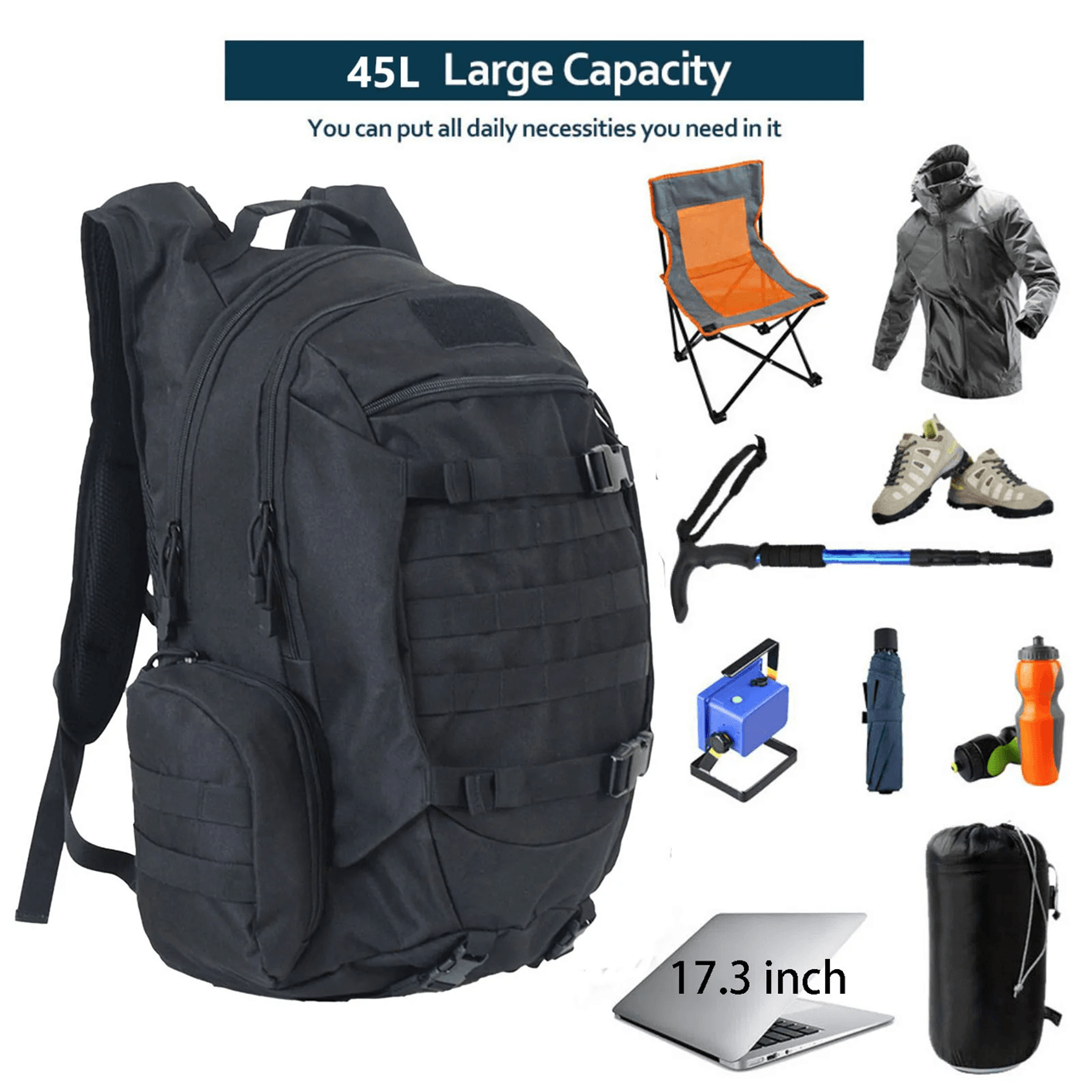 45L Waterproof Tactical Backpack for Hiking Camping Fishing and Outdoor Adventures