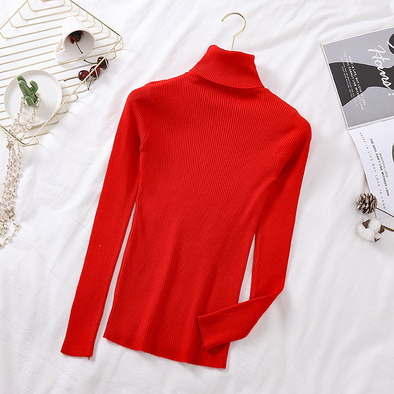 Winter Women Long Sleeve Knitted Sweater Soft Warm Fold Over Turtleneck Ribbed Pullover Jumper  Fem 5