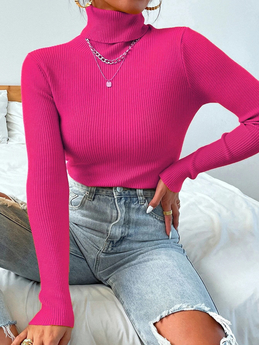 Winter Women Long Sleeve Knitted Sweater Soft Warm Fold Over Turtleneck Ribbed Pullover Jumper  Fem 6