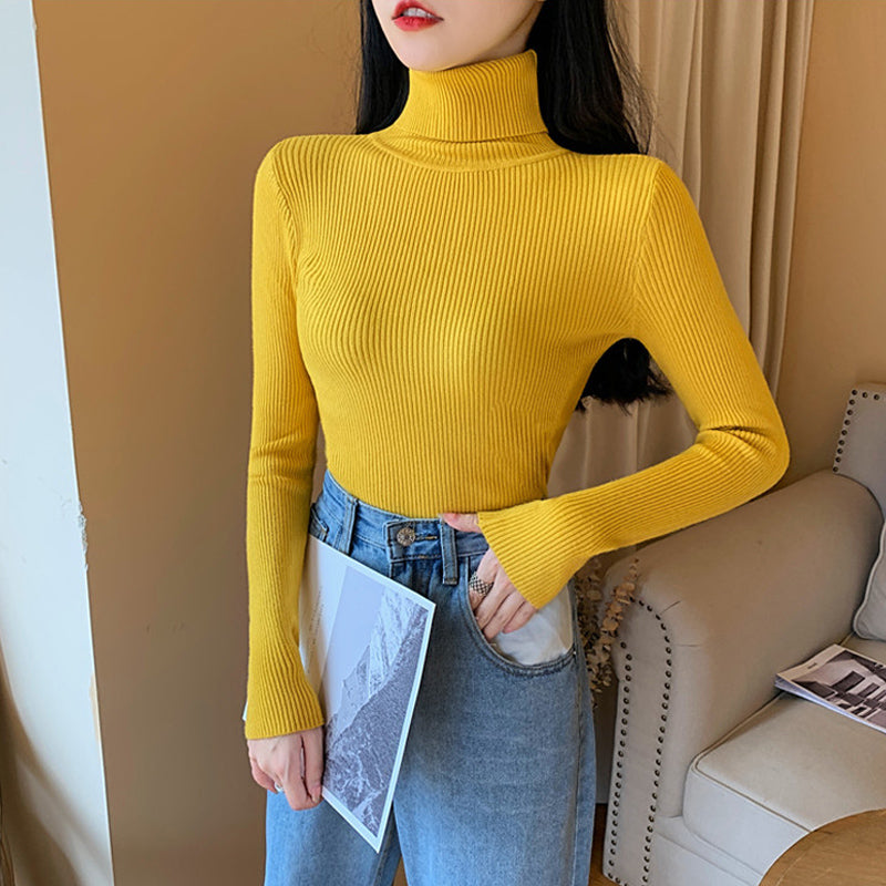 Winter Women Long Sleeve Knitted Sweater Soft Warm Fold Over Turtleneck Ribbed Pullover Jumper  Fem 8