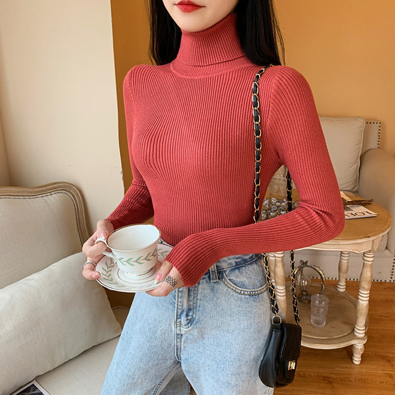 Winter Women Long Sleeve Knitted Sweater Soft Warm Fold Over Turtleneck Ribbed Pullover Jumper  Fem 14