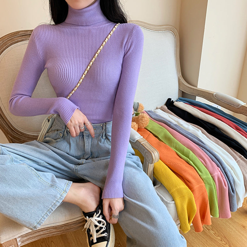 Winter Women Long Sleeve Knitted Sweater Soft Warm Fold Over Turtleneck Ribbed Pullover Jumper  Fem 17