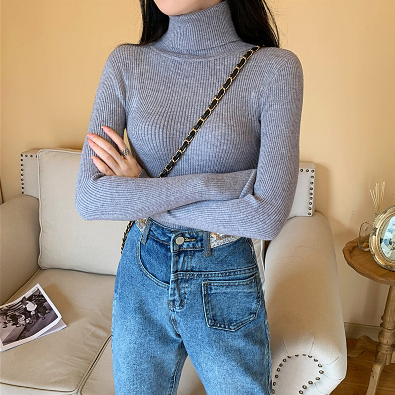 Winter Women Long Sleeve Knitted Sweater Soft Warm Fold Over Turtleneck Ribbed Pullover Jumper  Fem 18