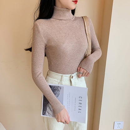 Winter Women Long Sleeve Knitted Sweater Soft Warm Fold Over Turtleneck Ribbed Pullover Jumper  Fem 20
