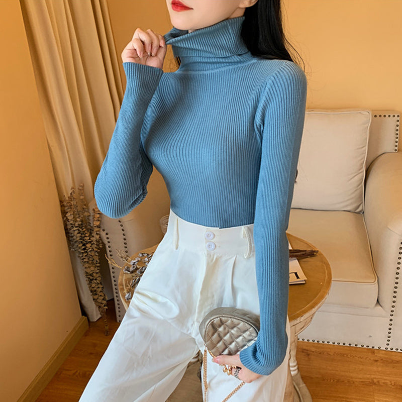 Winter Women Long Sleeve Knitted Sweater Soft Warm Fold Over Turtleneck Ribbed Pullover Jumper  Fem 21