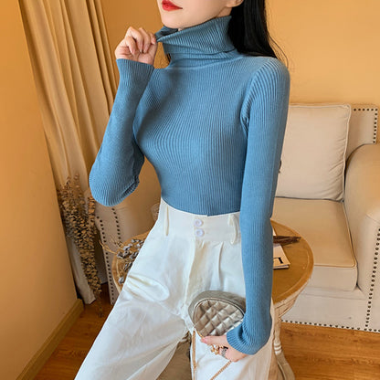 Winter Women Long Sleeve Knitted Sweater Soft Warm Fold Over Turtleneck Ribbed Pullover Jumper  Fem 21