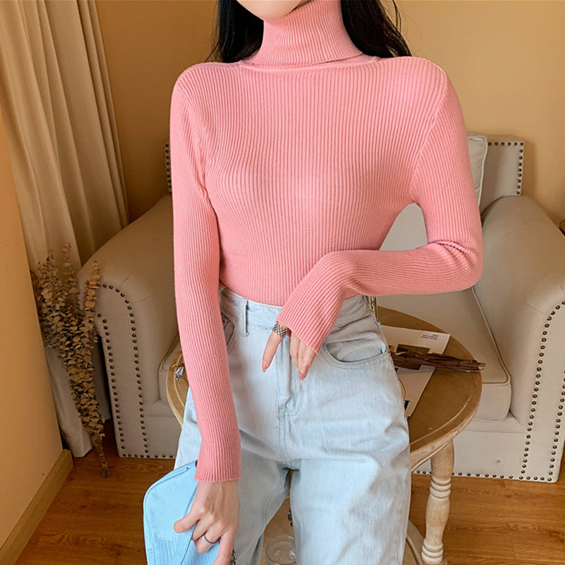 Winter Women Long Sleeve Knitted Sweater Soft Warm Fold Over Turtleneck Ribbed Pullover Jumper  Fem 24