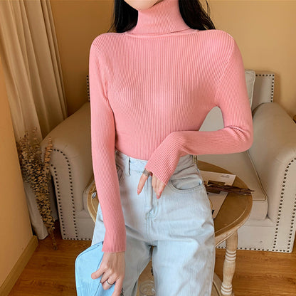 Winter Women Long Sleeve Knitted Sweater Soft Warm Fold Over Turtleneck Ribbed Pullover Jumper  Fem 24