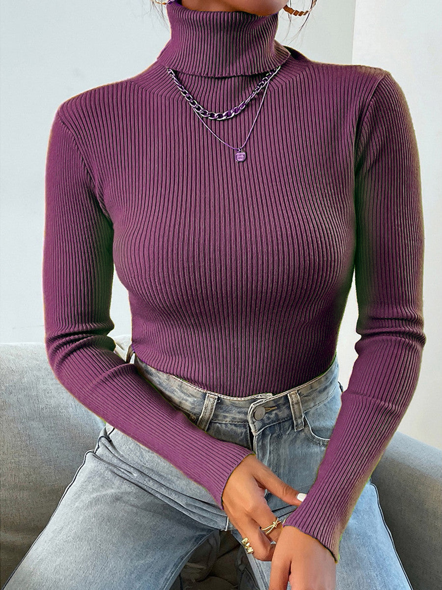 Winter Women Long Sleeve Knitted Sweater Soft Warm Fold Over Turtleneck Ribbed Pullover Jumper  Fem 25