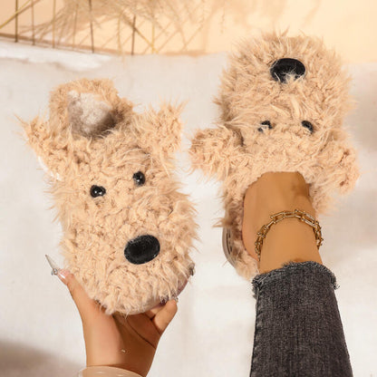 Cartoon Puppy Slippers For Women Winter Warm Fluffy Fur Indoor Mules With Thick Bottom Cozy Plush H 5