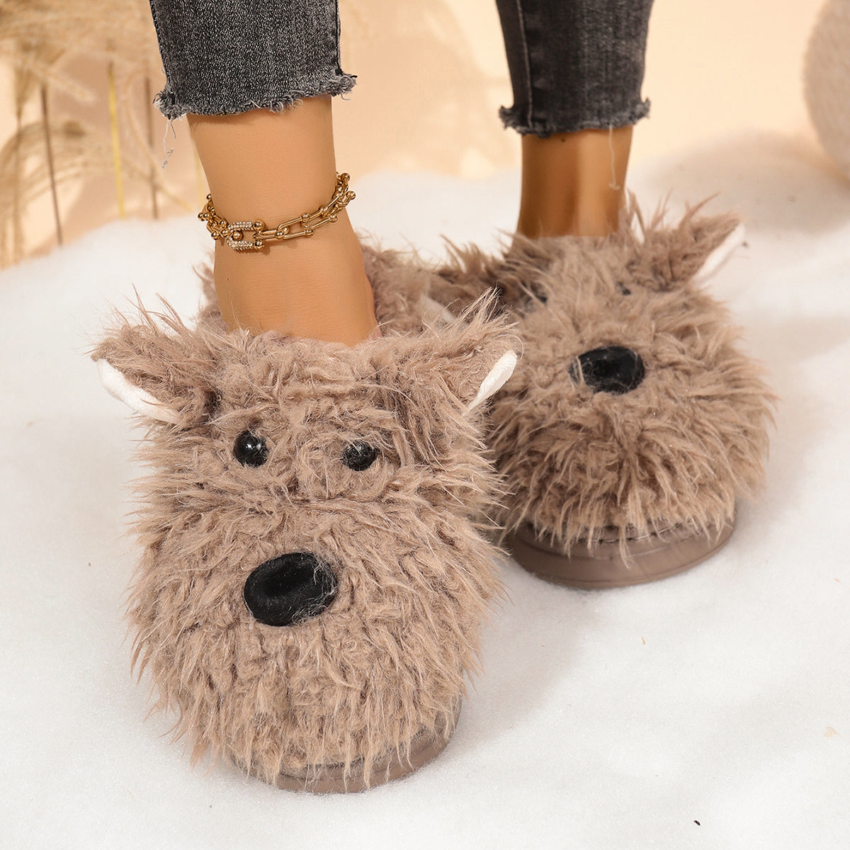 Cartoon Puppy Slippers For Women Winter Warm Fluffy Fur Indoor Mules With Thick Bottom Cozy Plush H 7