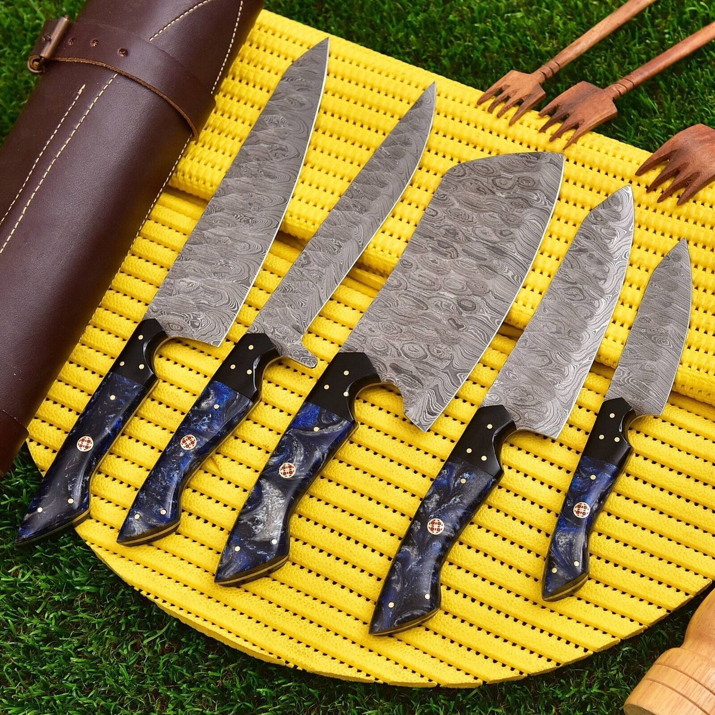 5-Piece Damascus Steel Chef Knives Set | Handmade Cooking Knife Set with Leather Holder