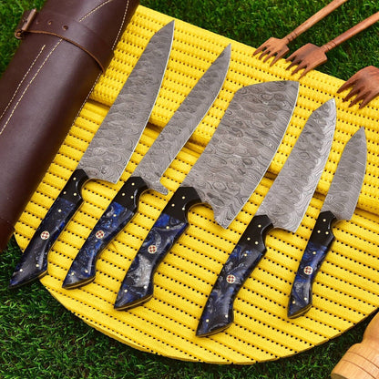 5-Piece Damascus Steel Chef Knives Set | Handmade Cooking Knife Set with Leather Holder