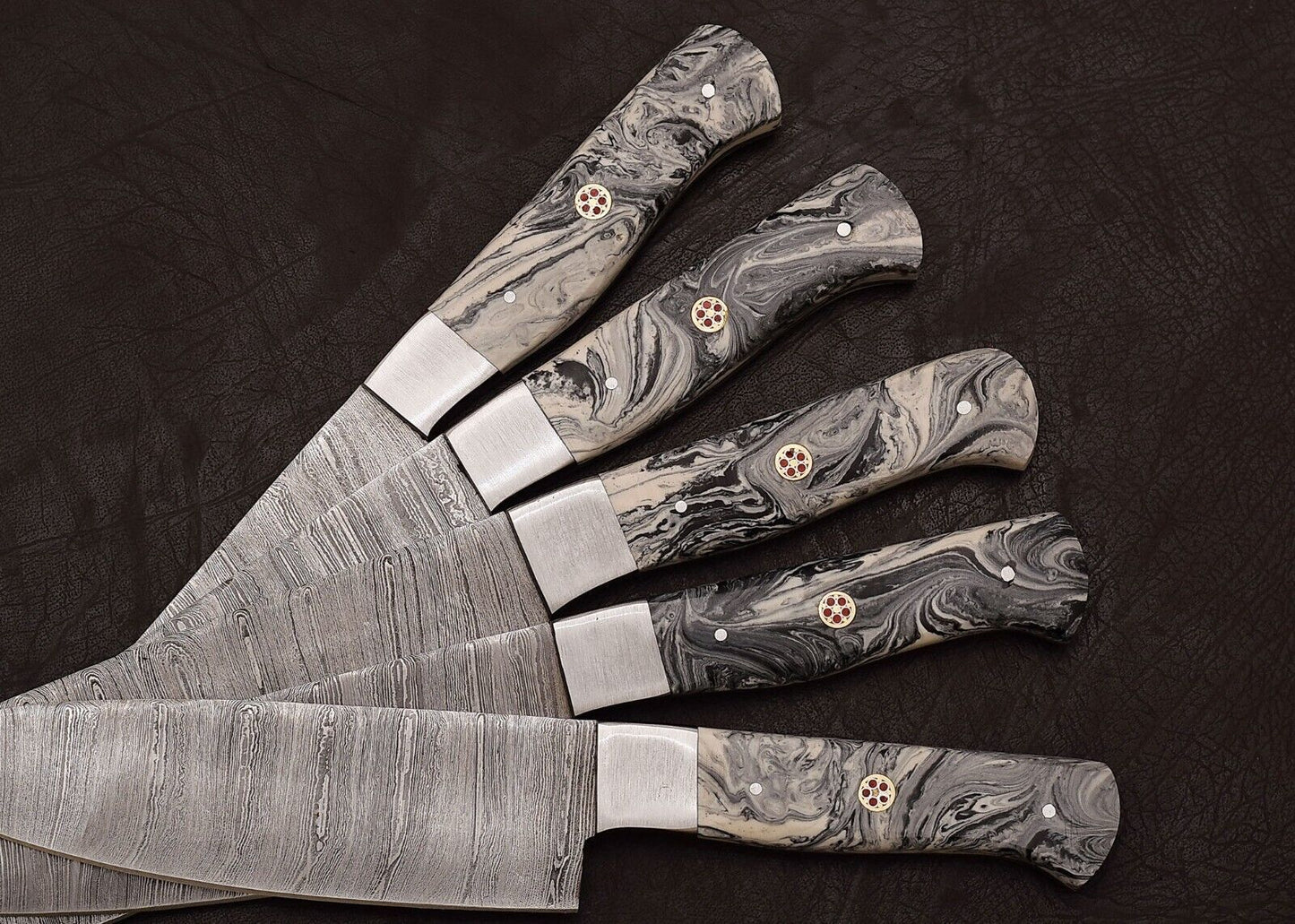 Handmade Damascus Steel 5Piece Outdoor Kitchen Chef Knife Set With Resin Art Handle  Leather Sheath 2