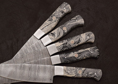 Handmade Damascus Steel 5Piece Outdoor Kitchen Chef Knife Set With Resin Art Handle  Leather Sheath 2
