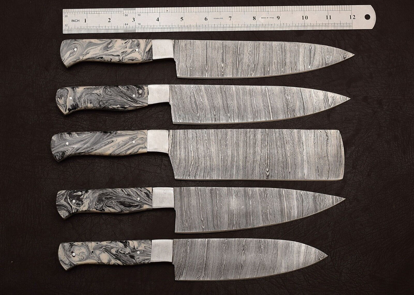 Handmade Damascus Steel 5-Piece Outdoor Kitchen Chef Knife Set with Resin Art Handle & Leather Sheath