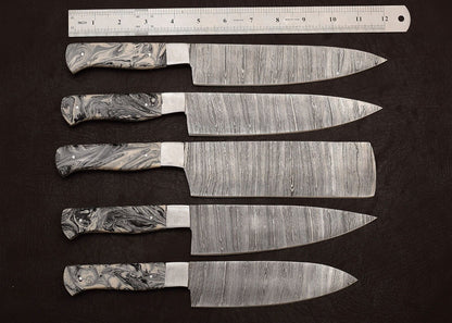 Handmade Damascus Steel 5-Piece Outdoor Kitchen Chef Knife Set with Resin Art Handle & Leather Sheath