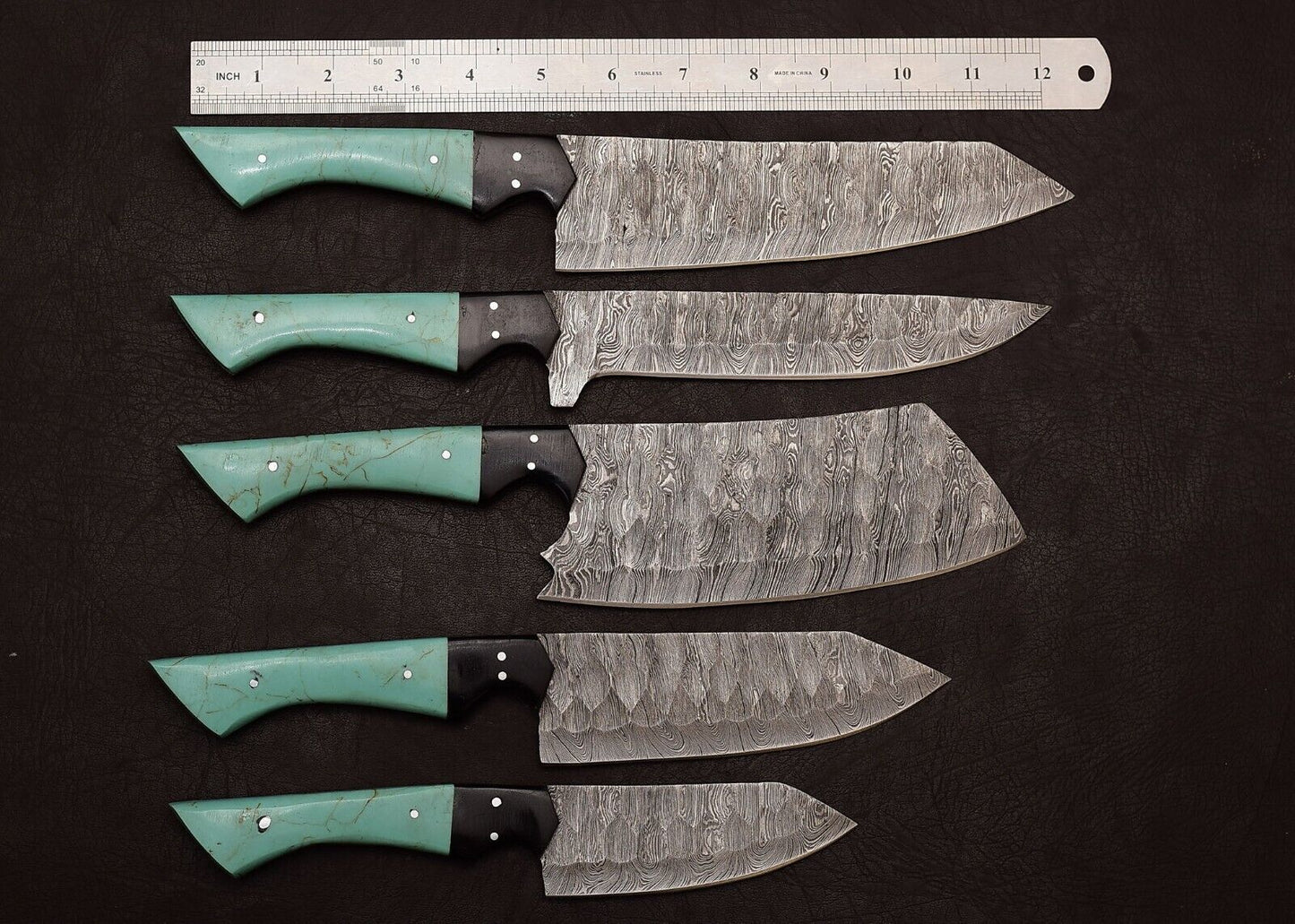 Handmade Damascus Steel Outdoor Kitchen Chef Knife Set 5 Pcs with Resin Art Handle & Leather Sheath