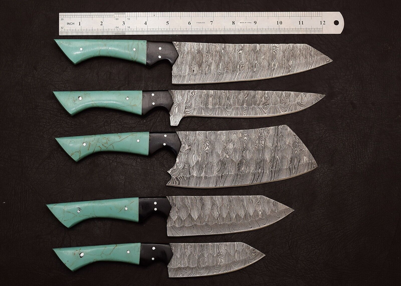 Handmade Damascus Steel Outdoor Kitchen Chef Knife Set 5 Pcs with Resin Art Handle & Leather Sheath