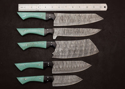 Handmade Damascus Steel Outdoor Kitchen Chef Knife Set 5 Pcs with Resin Art Handle & Leather Sheath