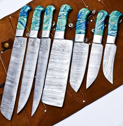 Handmade Damascus Steel Chef Knife Set | 5 Pcs Outdoor Kitchen & Cooking Knives with Corian Handle, Brass & Mosaic Pins