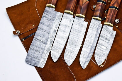 Entire World Handmade Damascus Steel Kitchen Chef Knife Set  Lot Of 5 With Wood Handle  Leather She 1