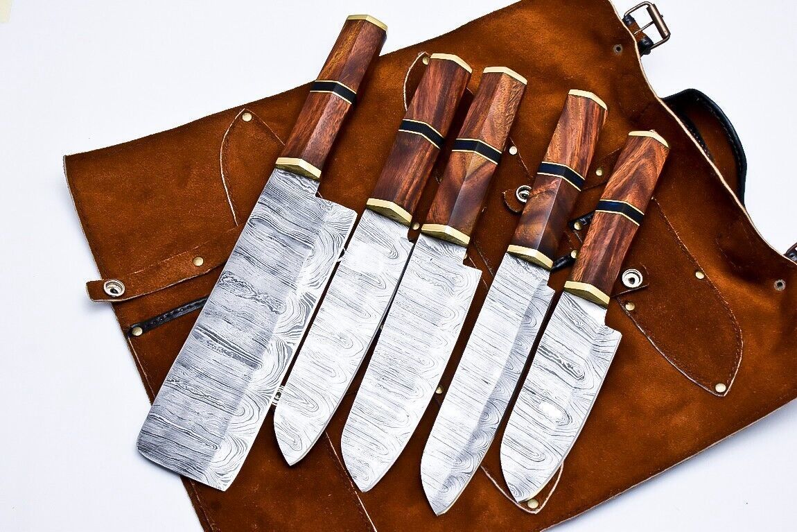 Entire World Handmade Damascus Steel Kitchen Chef Knife Set  Lot Of 5 With Wood Handle  Leather She 2