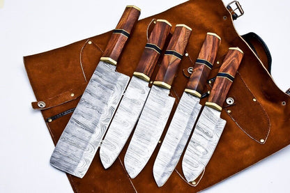 Entire World Handmade Damascus Steel Kitchen Chef Knife Set  Lot Of 5 With Wood Handle  Leather She 2