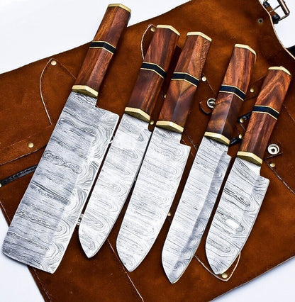 Entire World Handmade Damascus Steel Kitchen Chef Knife Set | Lot of 5 with Wood Handle & Leather Sheath