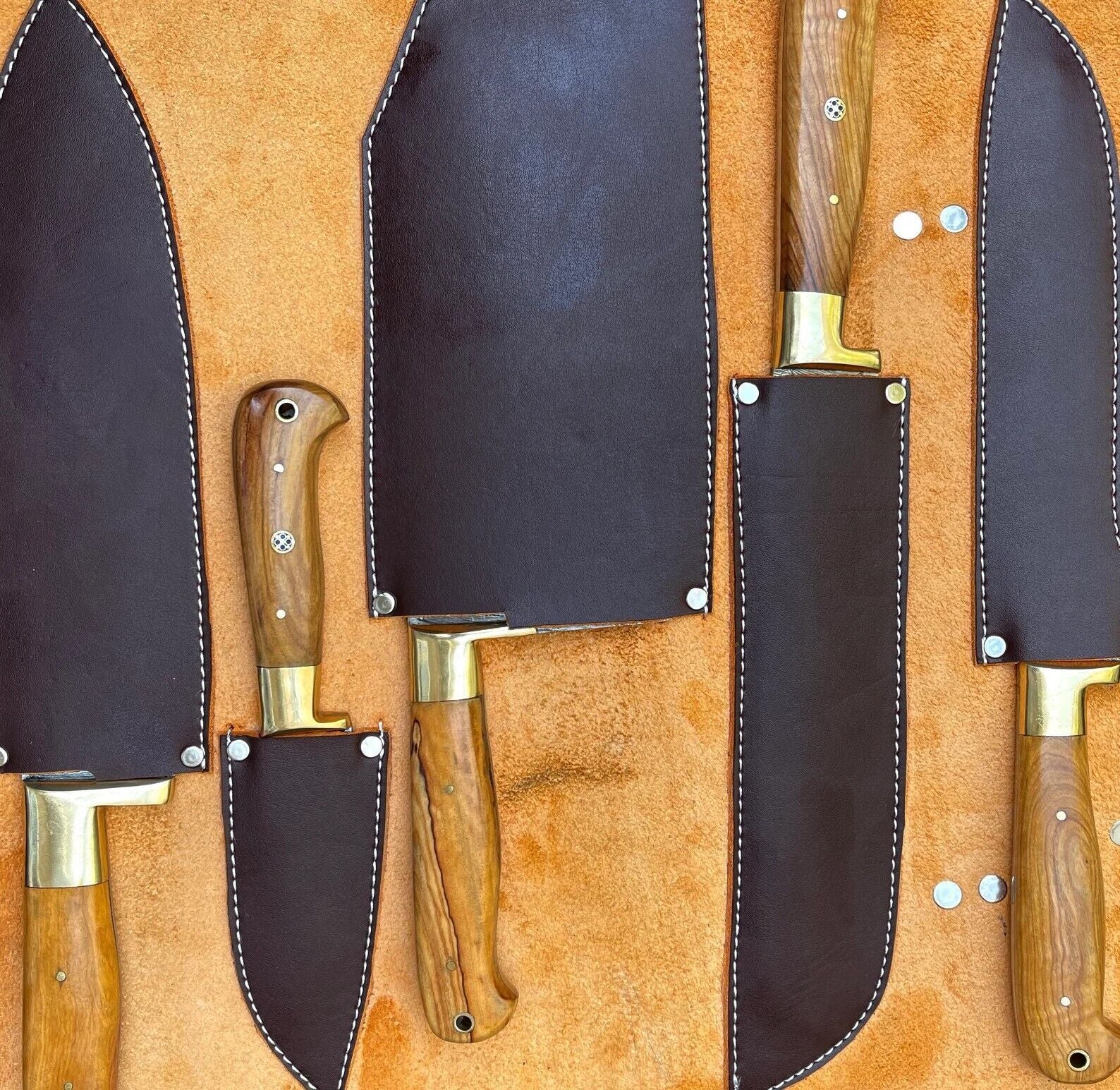 Olive Wood Chef Knife Set  Handmade Damascus Steel 5 Pcs Professional Kitchen Knives With Leather R 1