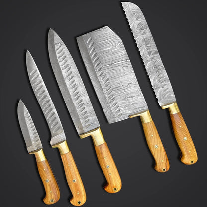 Olive Wood Chef Knife Set  Handmade Damascus Steel 5 Pcs Professional Kitchen Knives With Leather R 2