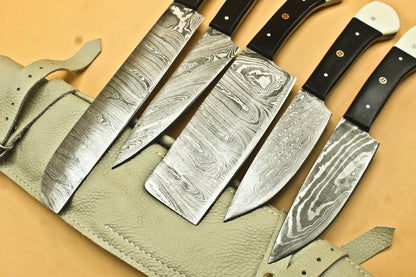 Custom Handmade Damascus Chef Knife Set Of 5  Twisted Pattern 512 Layers With Bull Horn Handle  Lea 1