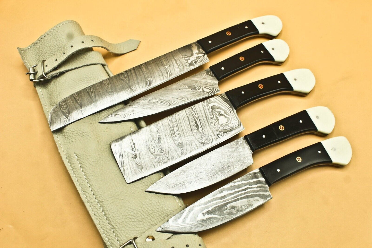 Custom Handmade Damascus Chef Knife Set of 5 | Twisted Pattern 512 Layers with Bull Horn Handle & Leather Sheath