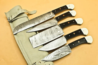 Custom Handmade Damascus Chef Knife Set of 5 | Twisted Pattern 512 Layers with Bull Horn Handle & Leather Sheath