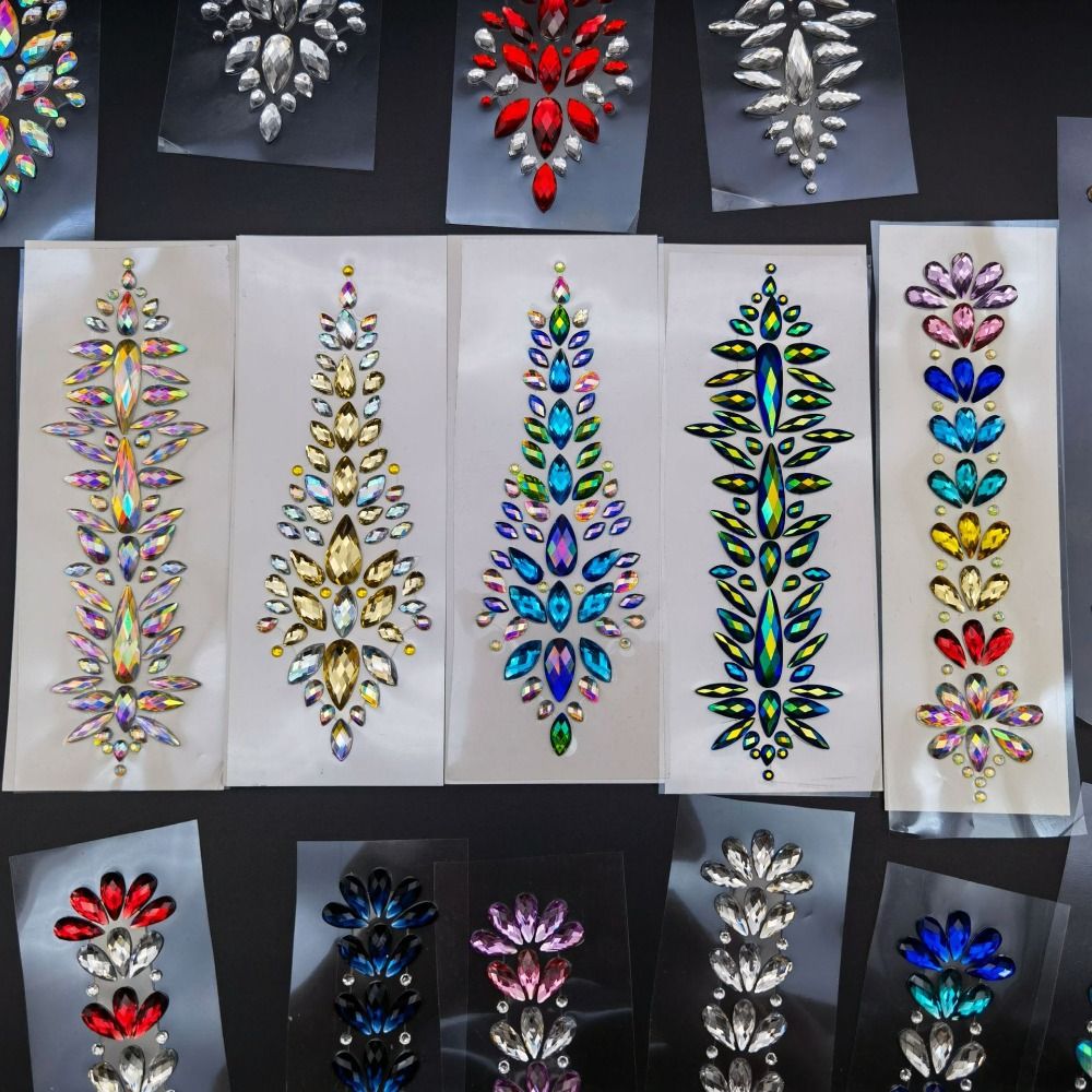 Fashion EDM Music Festival Tattoo Stickers, 3D Adhesive Crystal Forehead Sticker, Crystal Hair Jewels, Body Face Colored