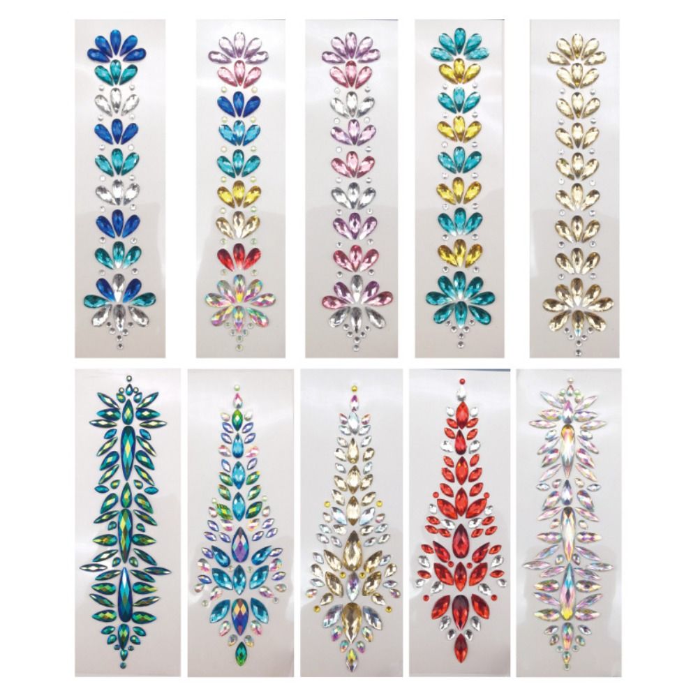 Fashion EDM Music Festival Tattoo Stickers, 3D Adhesive Crystal Forehead Sticker, Crystal Hair Jewels, Body Face Colored