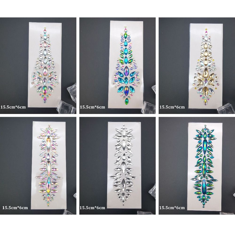 Fashion EDM Music Festival Tattoo Stickers, 3D Adhesive Crystal Forehead Sticker, Crystal Hair Jewels, Body Face Colored