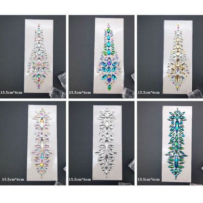 Fashion EDM Music Festival Tattoo Stickers, 3D Adhesive Crystal Forehead Sticker, Crystal Hair Jewels, Body Face Colored