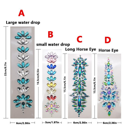 Fashion EDM Music Festival Tattoo Stickers, 3D Adhesive Crystal Forehead Sticker, Crystal Hair Jewels, Body Face Colored