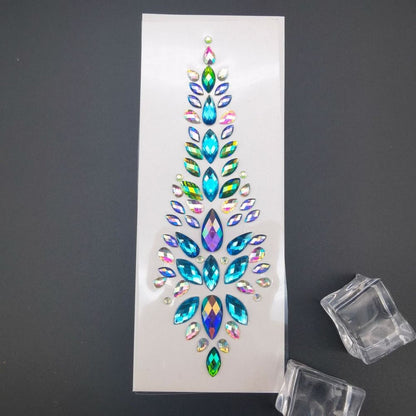 Fashion EDM Music Festival Tattoo Stickers, 3D Adhesive Crystal Forehead Sticker, Crystal Hair Jewels, Body Face Colored