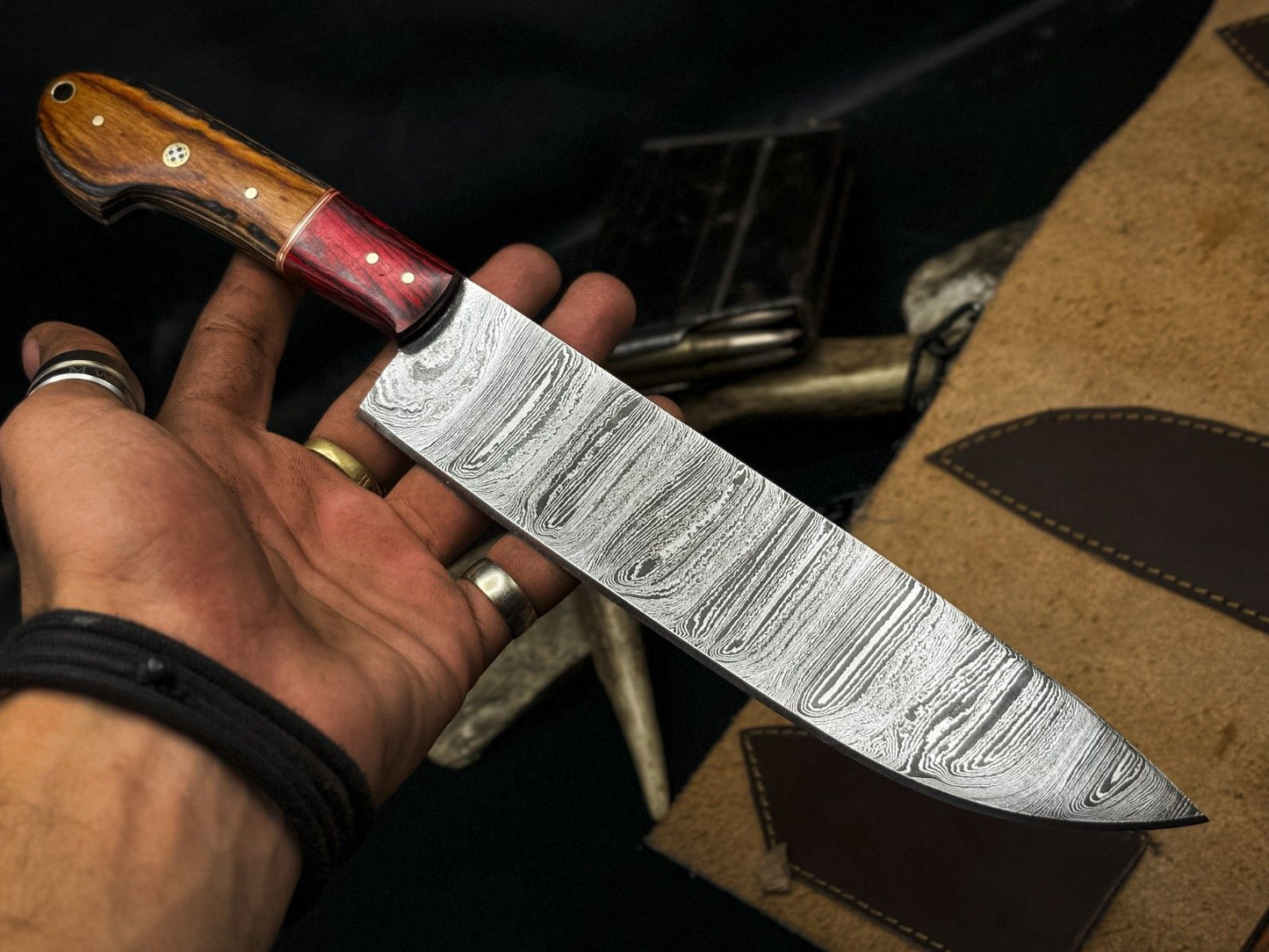 Handmade Damascus Steel Chef Knife Set Of 5  Wooden Bolster Full Tang Knives With Sheath 2