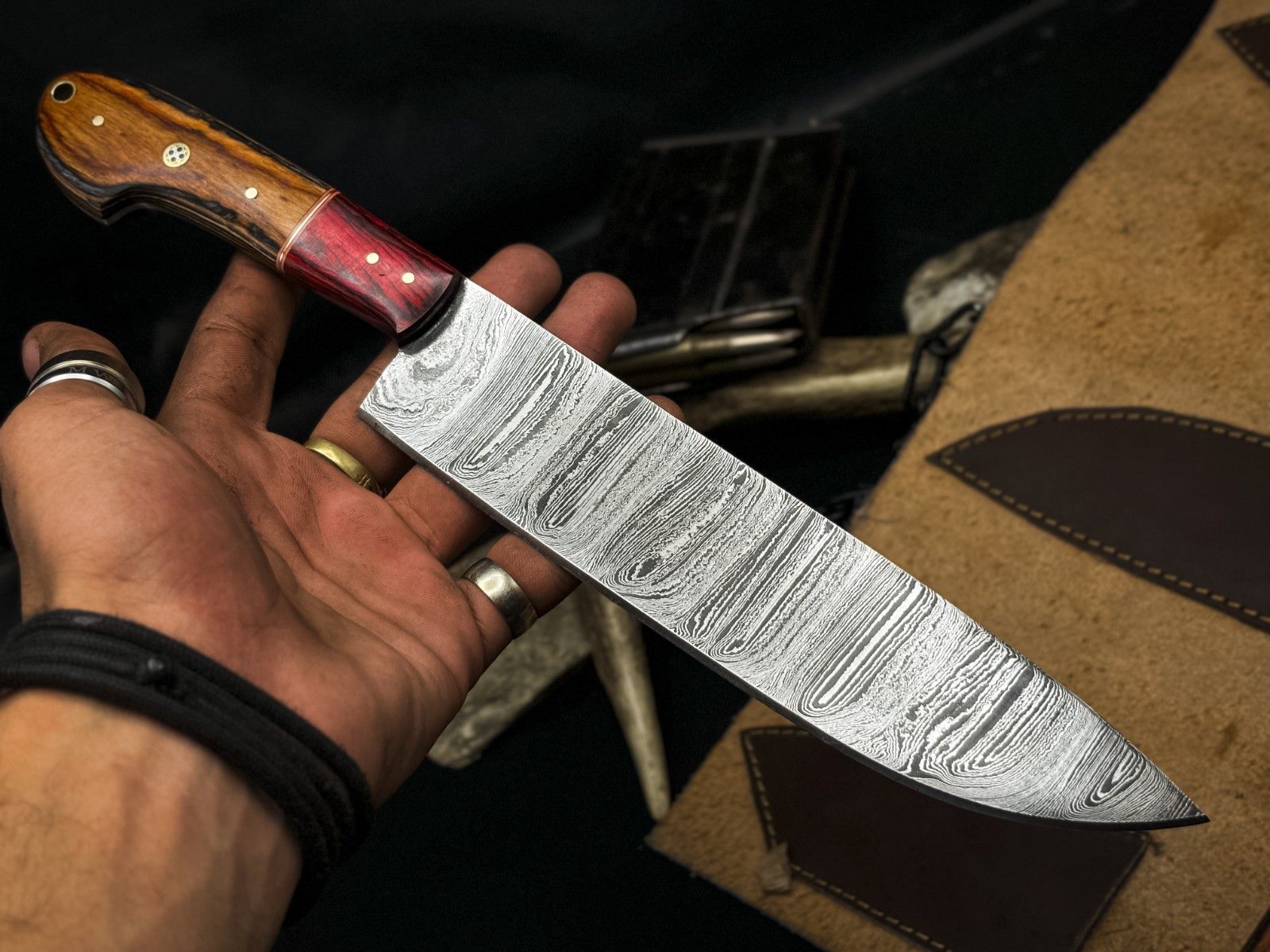 Handmade Damascus Steel Chef Knife Set Of 5  Wooden Bolster Full Tang Knives With Sheath 2