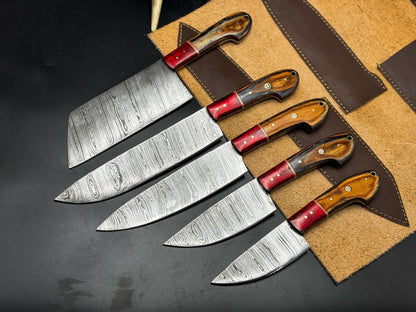 Handmade Damascus Steel Chef Knife Set of 5 | Wooden Bolster Full Tang Knives with Sheath