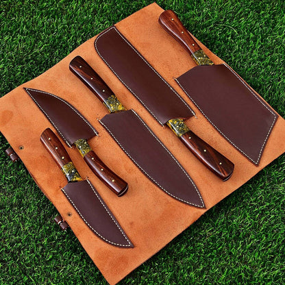 Custom Handmade Damascus Steel Chef Knife Set  5 Pc Kitchen Knives With Wood  Acrylic Handles  Leat 2