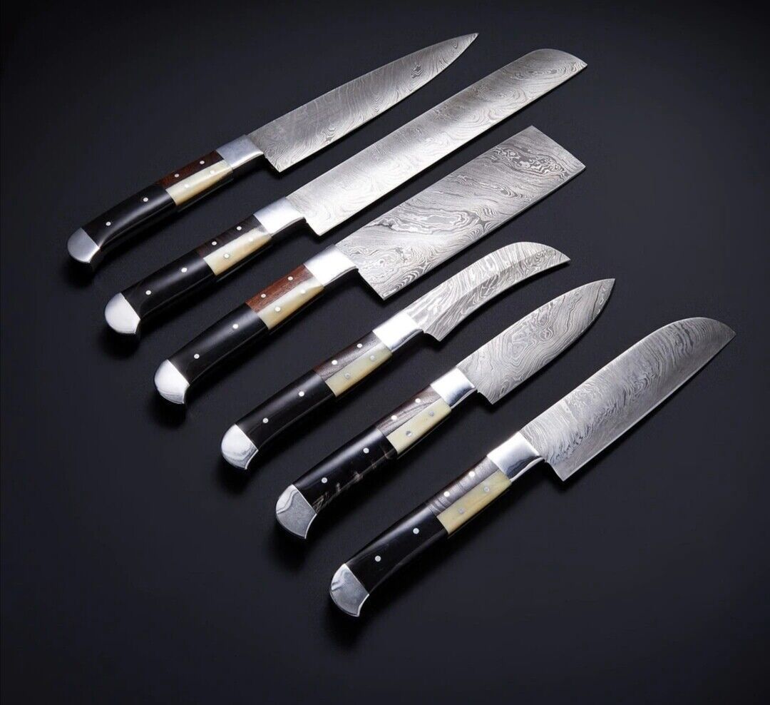 Custom Handmade Damascus Steel Chef Knife Set  6Piece Kitchen Knives With Bone Horn  Wood Handles   2